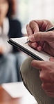 Person, hands and therapist writing with book for counseling, advice or therapy session. Counselor, discussion and listening with diary, client or notebook for consultation, psychology or healing