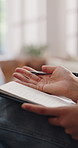 Person, hands and psychologist talking with notebook for counseling, advice or therapy session. Therapist, counselor or notes with diary or understanding for consultation, mental wellbeing or healing