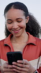 Fitness, woman or laugh with phone outdoor for workout meme, social media joke or wellness break. Athlete, african person or happy with smartphone for funny exercise video, web browsing or health app