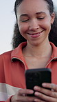 Laughing, phone and typing with woman outdoor for communication, contact or university feedback. App, funny and text message with happy student walking to college for development, learning or study