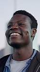 Thinking, smile and black man in city with idea, positive mindset or inspiration on vacation. Outdoor, reflection and happy person with thoughts, vision or daydream while sightseeing on holiday