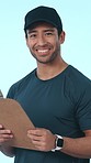 Sign up, fitness and clipboard with face of man in studio for gym membership, coach and welcome. Personal trainer registration, volunteer and pointing with person on blue background for motivation