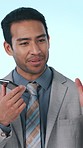 Phone call, speaker and business man in studio for communication, broker feedback and chat. Portfolio advisor, reminder and voice recording with person on blue background for contact and network