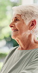 Smile, thinking and senior woman in backyard with peace, calm and daydreaming in retirement. Reflection, happiness and elderly person in nature with memory, nostalgia or mindset with profile for view