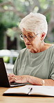 Paper, laptop and senior woman in home, pension payout application and elderly grant registration. Reading, pc or old person with online bank clearance for subsidy, typing details or retirement funds