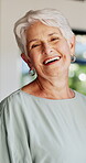 Face, retirement and smile with old woman in home living room for satisfaction or wellness. Break, cheerful and relax with happy senior person in apartment for me time, morning or weekend unwind