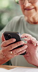 Typing, hands and phone with old woman in home for retirement annuity, contact and research. Pension fund review, communication and asset report with senior person in backyard for account policy