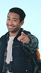 Face, man and pointing for hiking in studio for travel, adventure invitation and selection. Portrait, person or scouting choice with heart gesture, join expedition and backpacking on white background
