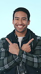 Face, man and point for hiking in studio for travel, adventure invitation and selection. Portrait, person and scouting choice with trekking offer, join expedition and backpacking on white background