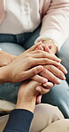 Caregiver, holding hands or old person in house with comfort, understanding or empathy in assisted living. Above, elderly patient or nurse in home with help, support and trust in retirement care.