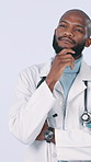 Thinking, doctor and man with decision, wellness and serious with medical idea or medicine solution. Studio background, healthcare professional and black person with treatment plan for diagnosis