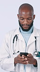 Doctor, typing and black man in studio with phone for patient report, prescription or online results. Healthcare, telehealth and person on smartphone for digital consultation on white background