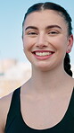 Fitness, smile and face of woman in city for runner workout, health and athlete practice. Wellness, confidence and challenge with portrait of person outdoor for training, exercise and running routine