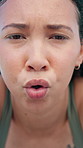 Runner, breathe and face of tired woman in city for exercise, cardio workout and training. Portrait, athlete and person with fatigue, sweat and rest for active hobby, recovery and fitness in town