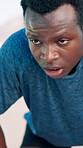 Tired, sweating and fitness with black man in nature for workout fatigue, running performance and health. Intense exercise, wellness and training break with person for cardio challenge and breathing 
