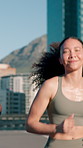 Active woman, training and running on bridge, friends and fitness for marathon in city and together. Outdoor, athlete and people with smile on race, wellness and workout routine for sport tournament