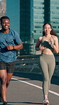 Active friends, fitness and running on bridge, cardio and training for marathon in city and together. Outdoor, athlete and people with smile on race, wellness and workout routine for sport tournament