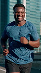 Active friends, man and running on bridge, fitness or training for marathon on urban road and cardio. Outdoor, athlete and people with smile on race, wellness and workout routine for sport tournament