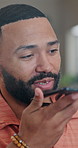 Remote work, chat or man in house with phone call, agenda change or conversation for project. WFH, bokeh or freelancer in home with tech, schedule update or online communication for report feedback.