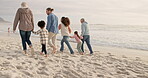Holding hands, walk and back with big family at beach for support, summer vacation and bonding. Travel holiday, connection and grandparents with parents and children outdoor for generations and care