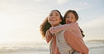 Piggyback, smile and mother with daughter at beach for support, bonding and family holiday. Connection, love and sunset with parent and child outdoor for summer vacation, travel and weekend break