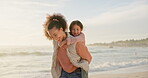 Piggyback, walk and mother with daughter at beach for support, bonding and family holiday. Connection, love and sunset with parent and child outdoor for summer vacation, travel and weekend break