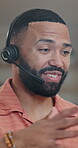 Headset, call center and black man talking for customer support, help desk and assistance for policy. African person, explan and virtual conversation with friendly consultant at insurance agency
