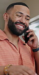 Remote work, phone call or man in house with laugh, good news or online chat for project. Happy, WFH or freelancer in home with tech, director approval or positive communication in report feedback.