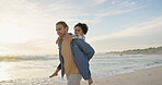 Piggyback, walking and father with sonat beach for support, bonding and family holiday. Connection, love and sunset with parent and child outdoor for summer vacation, travel and weekend break