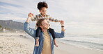 Shoulder, love and father with son at beach for support, summer vacation and bonding. Travel holiday, connection and trust with parents and child outdoor for family getaway trip, explore and freedom