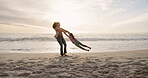 Holding hands, playful and mother with daughter at beach for support, bonding and family holiday. Connection, love and sunset with parent and child outdoor for summer vacation, travel and weekend