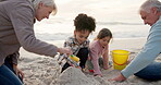 Sandcastle, bucket and grandparents and children at beach for bonding, support and summer vacation. Travel getaway, family holiday and plastic toys with people outdoor for games, sand and tropical