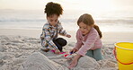 Sandcastle, bucket and boy and girl at beach for bonding, support and summer vacation. Travel getaway, family holiday and plastic toys with children outdoor for games, sand and siblings digging