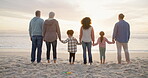 Holding hands, back and trust with big family at beach for support, vacation and bonding. Travel holiday, connection and grandparents with parents and children outdoor for getaway, explore and care