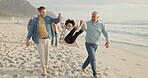 Holding hands, walk and game with big family at beach for support, summer vacation and bonding. Travel holiday, connection and grandparents with parents and children outdoor for generations and care