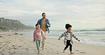 Running, game and love with family at beach for support, summer vacation and bonding. Travel holiday, connection and trust with father and children outdoor for getaway trip, explore and care