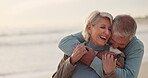 Love, hug and support with old couple at beach for travel, summer vacation and anniversary getaway. Relax, tropical and retirement with senior people outdoor for holiday, bonding and romance together
