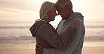 Love, hug and sunset with old couple at beach for travel, summer vacation and anniversary getaway. Support, tropical and retirement with senior people for holiday, bonding and romance together