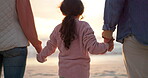 Holding hands, back and love with family at beach for support, summer vacation and bonding. Travel holiday, connection and trust with parents and child outdoor for getaway trip, explore and care