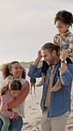 Travel, parents or kids at beach with walk, bonding or healthy relationship on summer vacation. Children, mom or dad at seaside with free time, family stroll or connection on ocean getaway.

