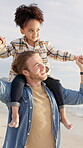Speaking, father and girl with smile at beach for holiday, family bonding and weekend travel for connection. Outdoor, talking and man carry child for summer vacation, support or love for relationship