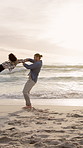 Beach, spin and father with girl, happiness or bonding together for love, vacation or getaway trip. Ocean, family or dad with daughter, people or tropical island for summer holiday, smile or activity