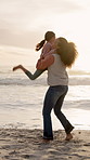 Beach, hug and mother with girl, happiness and bonding together for love, vacation and funny. Ocean, family or mama with daughter,  people or tropical island for summer holiday, laughing or embrace