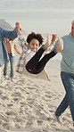 Beach, grandfather or swing child with dad, bonding or play with foster boy on holiday. Grandpa, kid or holding hands with father by ocean for game, smile or walk with family generations for adoption