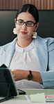 Business, woman and reading with tablet in office for research, writing notes and contact buyer. Timelapse, female realtor and tech with phone call for auction, agenda update and property negotiation