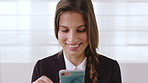 Business, reading and woman laugh with phone for comic breaking news, article joke or online meme. Journalist, person or happy with smartphone at media agency for source contact, funny review or chat