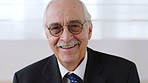 Face, laughing and mature man on wall background in office for corporate development or management. Confidence, experience and sunglasses with funny manager person in workplace for career or job