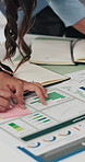 Data analysis, sticky note and hands of people in office, track sales profit or performance statistics. Review, paperwork or analyst with kpi report for customer insights, writing or pricing strategy
