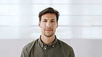 Man, face and smile in office at startup with pride, confidence and career in hallway at media company. Person, writer and space for portrait, corridor and press job at creative agency in Australia