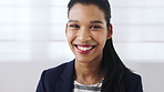 Face, business and woman in workplace for hr, talent acquisition and career opportunity. Portrait, smile and person in office as recruitment specialist, about us and professional with integrity